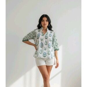 Cherry Betty Green Blue White Blouse Floral Print Vneck Geo Puff Sleeve Top Sz L